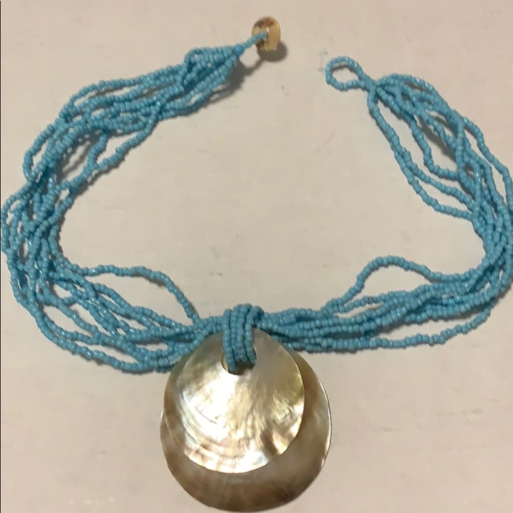 Blue bead and shell necklace - 15” long
